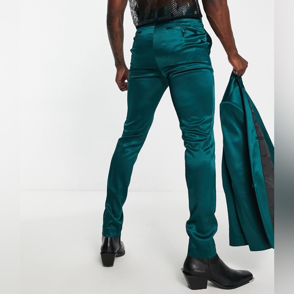 ASOS DESIGN Men’s Tapered Satin Dark Green Pants - Picture 2 of 16